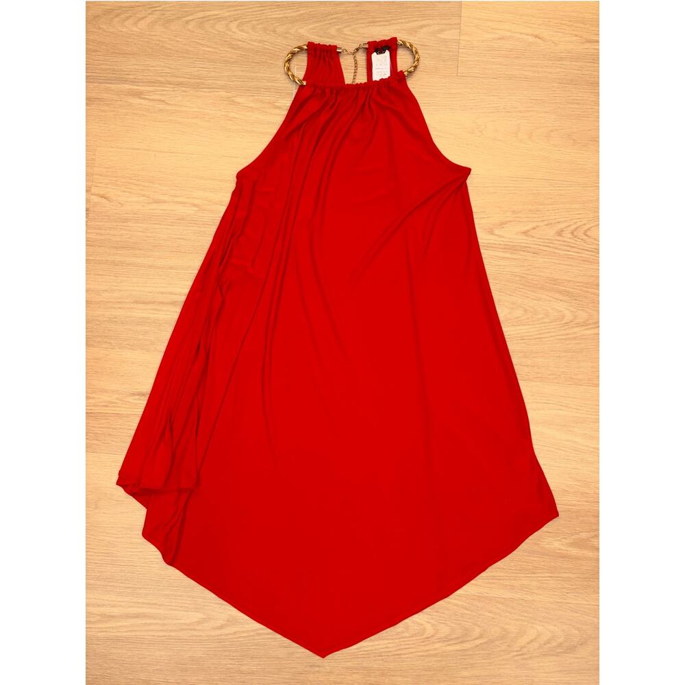 MSK red trapeze dress with rope gold chain halter detail womens size L